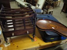 19TH CENTURY MAHOGANY KIDNEY SHAPED TRAY WITH INLAID SHELL AND BRASS SIDE HANDLES TOGETHER WITH A