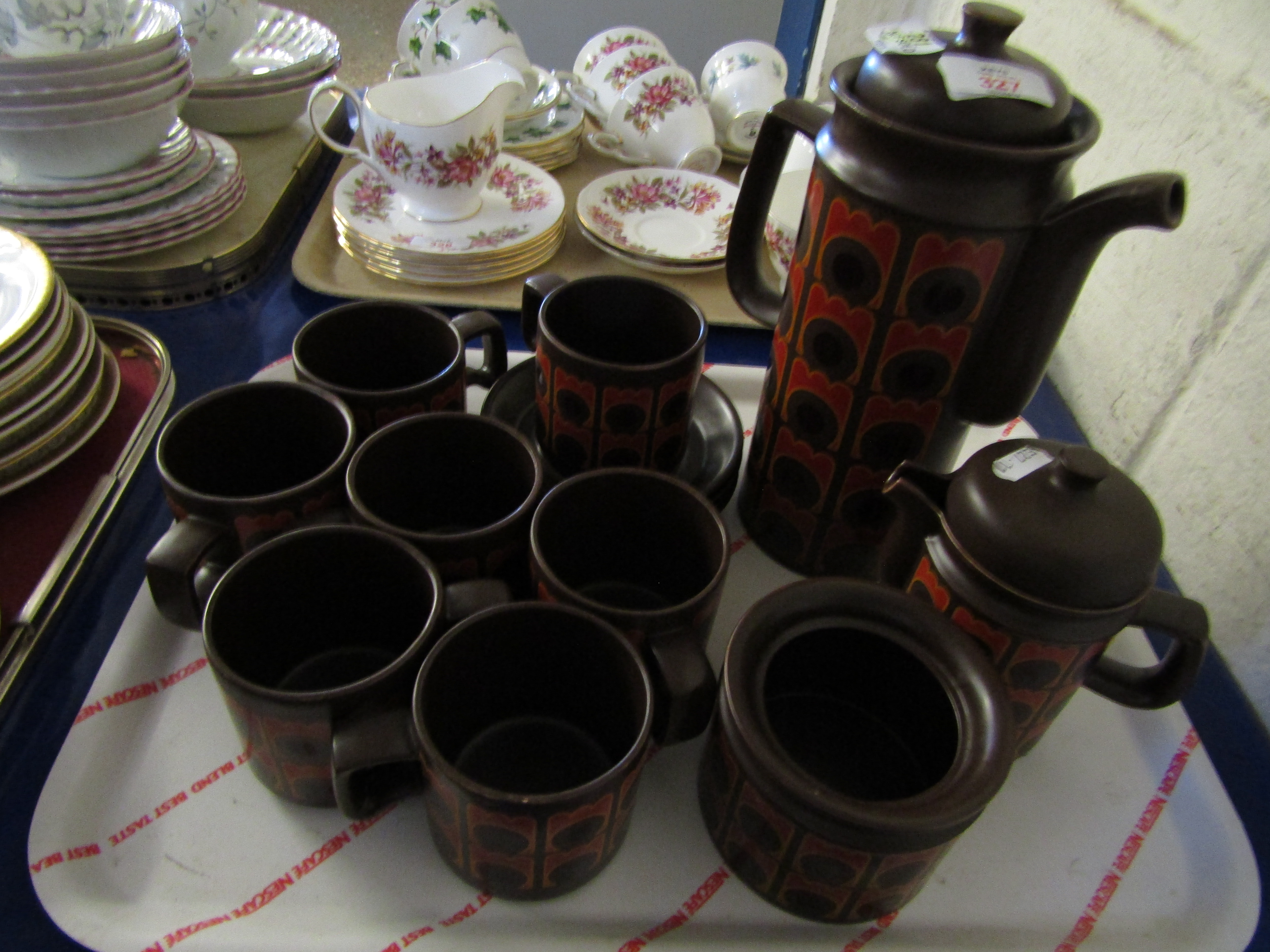 TRAY OF BROWN GLAZED COFFEE WARES