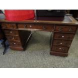 19TH CENTURY MAHOGANY TWIN PEDESTAL DESK WITH DROPLET HANDLES WITH LEATHER INSERT