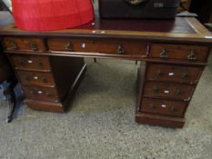 19TH CENTURY MAHOGANY TWIN PEDESTAL DESK WITH DROPLET HANDLES WITH LEATHER INSERT