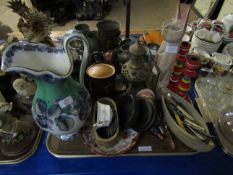 TRAY OF VICTORIAN WASH JUG, TOLEWARE PAINTED CANDLESTICKS, SILVER PLATED FLATWARES ETC