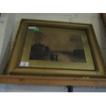 GILT FRAMED PICTURE OF A VILLAGE SCENE AT DUSK