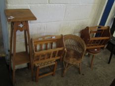 OAK SQUARE TOP PLANT STAND, MAGAZINE RACK, RATTAN TOP STOOL, WICKER CHILD’S CHAIR, MAGAZINE RACK AND