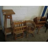 OAK SQUARE TOP PLANT STAND, MAGAZINE RACK, RATTAN TOP STOOL, WICKER CHILD’S CHAIR, MAGAZINE RACK AND