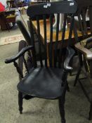 BLACK PAINTED HARD SEATED WINDSOR ARMCHAIR