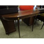 REPRODUCTION MAHOGANY CONSOLE TABLE ON FOUR TAPERING SQUARE CONCAVE LEGS WITH BRASS MOUNTS