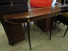 REPRODUCTION MAHOGANY CONSOLE TABLE ON FOUR TAPERING SQUARE CONCAVE LEGS WITH BRASS MOUNTS