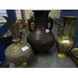 GOOD QUALITY ORIENTAL BRONZE TWO-HANDLED VASE TOGETHER WITH A FURTHER EXAMPLE, AND AN INDIAN