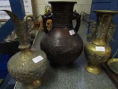 GOOD QUALITY ORIENTAL BRONZE TWO-HANDLED VASE TOGETHER WITH A FURTHER EXAMPLE, AND AN INDIAN