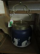 WEDGWOOD BLUE JASPER BISCUIT BARREL WITH SILVER PLATED LID AND SWING HANDLE