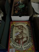 MIXED LOT OF STAMPS, ALBUMS, BOX OF PLASTIC COWBOY AND INDIAN FIGURES