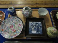 FRAMED MINTON TILE, 19TH CENTURY ORIENTAL HOTPLATES, GINGER JARS ETC