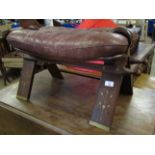 EASTERN HARDWOOD LEATHER TOP AND BRASS INLAID CAMEL STOOL