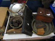 BOX CONTAINING MIXED BAKELITE RADIO KNOBS, TANTALUS FRAME, BRASS TRAY, MIXED WOODWORKING PLANES ETC