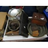 BOX CONTAINING MIXED BAKELITE RADIO KNOBS, TANTALUS FRAME, BRASS TRAY, MIXED WOODWORKING PLANES ETC