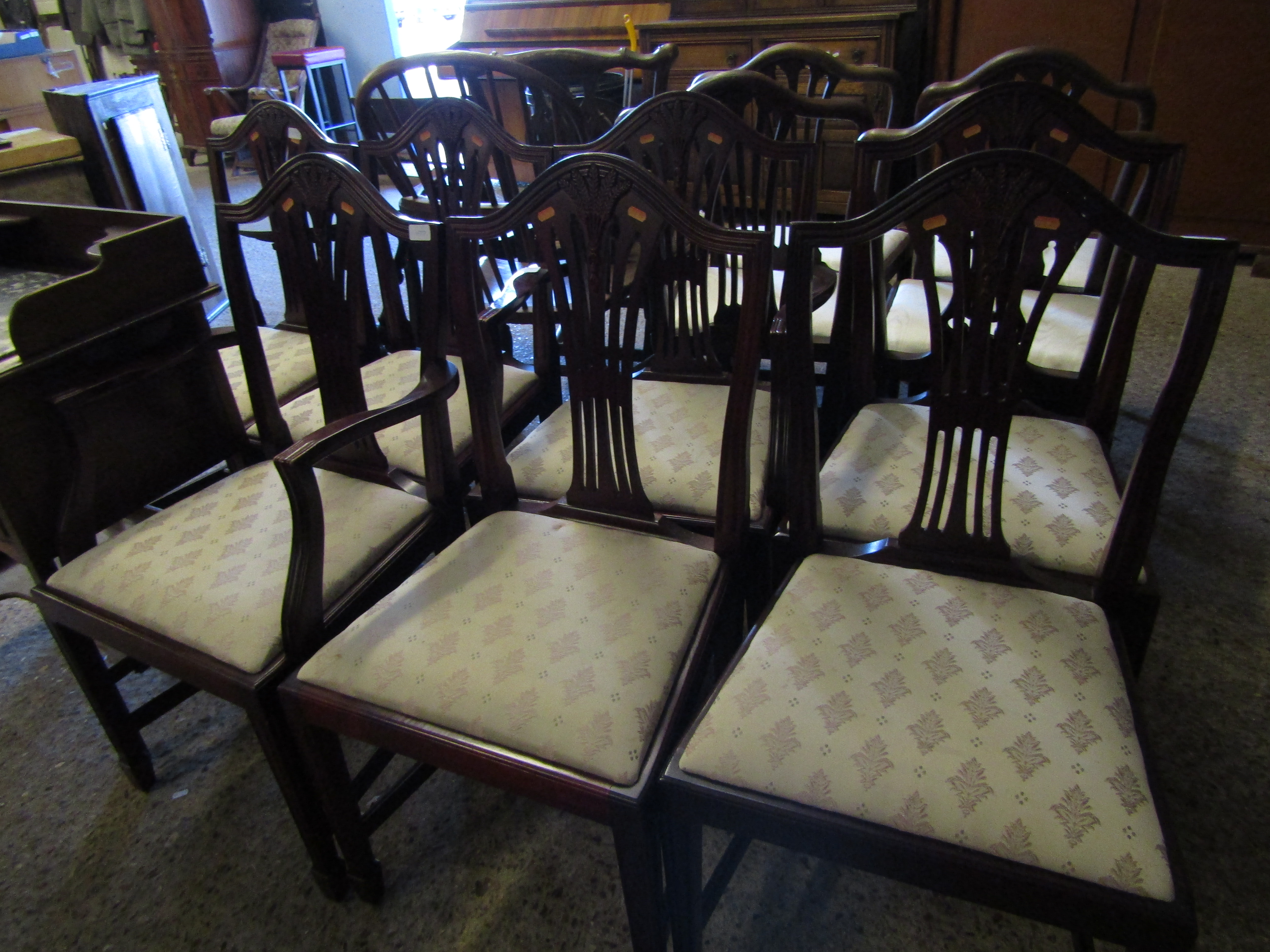 SET OF SEVEN REPRODUCTION SHIELD BACK DINING CHAIRS WITH CREAM DROP IN SEATS AND TAPERING SPADE