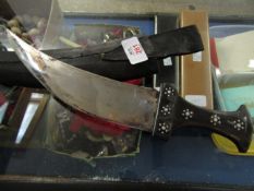 KUKRI KNIFE WITH INLAID HANDLE AND LEATHER SHEATH