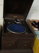 OAK CASED MAXITONE RECORD PLAYER AND MIXED RECORDS