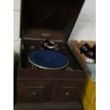 OAK CASED MAXITONE RECORD PLAYER AND MIXED RECORDS