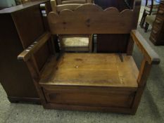 WAXED PINE FRAMED MONK’S BENCH WITH LIFT UP SEAT AND SHAPED BACK