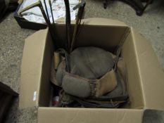 BOX CONTAINING MIXED HORSE-RIDING TACK, RIDING CROPS ETC