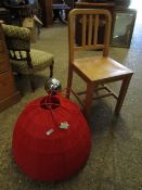 MODERN OAK FRAMED HARD SEATED DINING CHAIR TOGETHER WITH A FURTHER RETRO RED UPHOLSTERED LIGHT