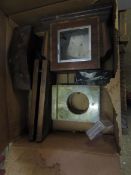 BOX CONTAINING CLOCK CASES TO INCLUDE AN ART DECO SQUARE FACED CASE, AN ONYX CASE ETC