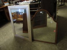 MAHOGANY ARCH TOP MIRROR TOGETHER WITH A SILVER FRAMED MIRROR