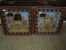 TWO DECORATIVE AND FRAMED COLOURED PRINTS