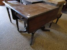 19TH CENTURY MAHOGANY PEDESTAL PEMBROKE TABLE WITH TWO DROP LEAVES AND A QUATREFOIL BASE