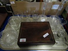 MAHOGANY TABLE TOP BOX WITH BRASS BANDING TOGETHER WITH A QUANTITY OF 19TH CENTURY AND LATER GLASSES