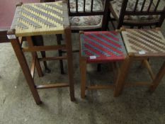 PAIR OF BEECHWOOD STRAP TOP STOOLS TOGETHER WITH A LARGER VERSION (3)