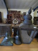 COPPER FOUR GLASS LANTERN TOGETHER WITH TWO LANTERN TOPS (3)