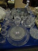 MIXED LOT OF GLASS WARE, WINE GLASSES, GOBLETS, DECANTER ETC