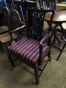 18TH CENTURY MAHOGANY SPLAT BACK ARMCHAIR WITH SPLAYED ARMS AND HEAVY SQUARE LEGS WITH STRIPED SEAT