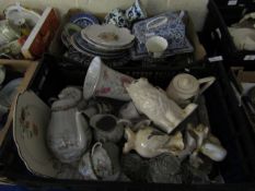 TWO CRATES CONTAINING PART ORIENTAL TEA SET, GLASS WARES, BLUE AND WHITE PRINTED PLATES ETC