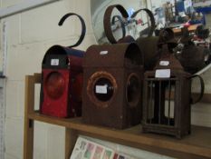 TWO RAILWAY SIGNAL LIGHTS AND A FURTHER CAGED LANTERN (3)