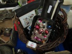 BASKET OF MIXED STAMPS, CHRISTMAS BAUBLES ETC
