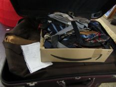 BROWN LEATHER SUITCASE CONTAINING MIXED TIES, JACKETS ETC