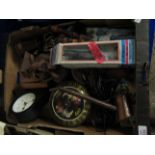 BOX OF MIXED CHINA WARES, CLOCKS, TINS ETC