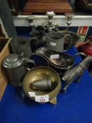 GROUP OF MIXED PEWTER TANKARDS, A SILVER PLATED CANDELABRA ETC