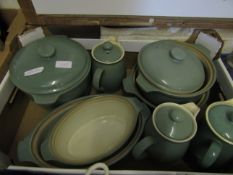 BOX OF DENBY GREEN GLAZED PART DINNER WARES TO INCLUDE TUREENS, HOT WATER JUG ETC