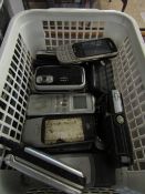 TUB CONTAINING OLD MOBILE PHONES, FLIP PHONES, A DICTAPHONE ETC