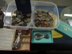 BOX CONTAINING MIXED COINAGE, SILVER PLATED SPOONS ETC