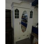 WHITE PAINTED OVAL MIRRORED SINGLE DOOR WARDROBE WITH GLASS PANELS WITH FULL WIDTH DRAWER TO BASE