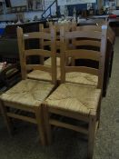 SET OF FIVE BEECHWOOD LADDER BACK DINING CHAIRS WITH RATTAN SEATS