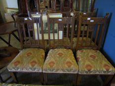 SET OF SIX MAHOGANY FRAMED ARTS & CRAFTS DINING CHAIRS WITH WILLIAM MORRIS STYLE UPHOLSTERED SEATS