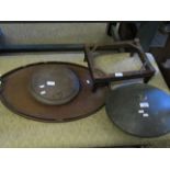 MAHOGANY OVAL TEA TRAY, A FURTHER STOOL FRAME AND TWO WARMING PANS (4)