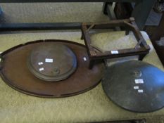 MAHOGANY OVAL TEA TRAY, A FURTHER STOOL FRAME AND TWO WARMING PANS (4)