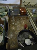 BOX OF MIXED GLASS WARES, DECANTERS, WINE GLASSES ETC